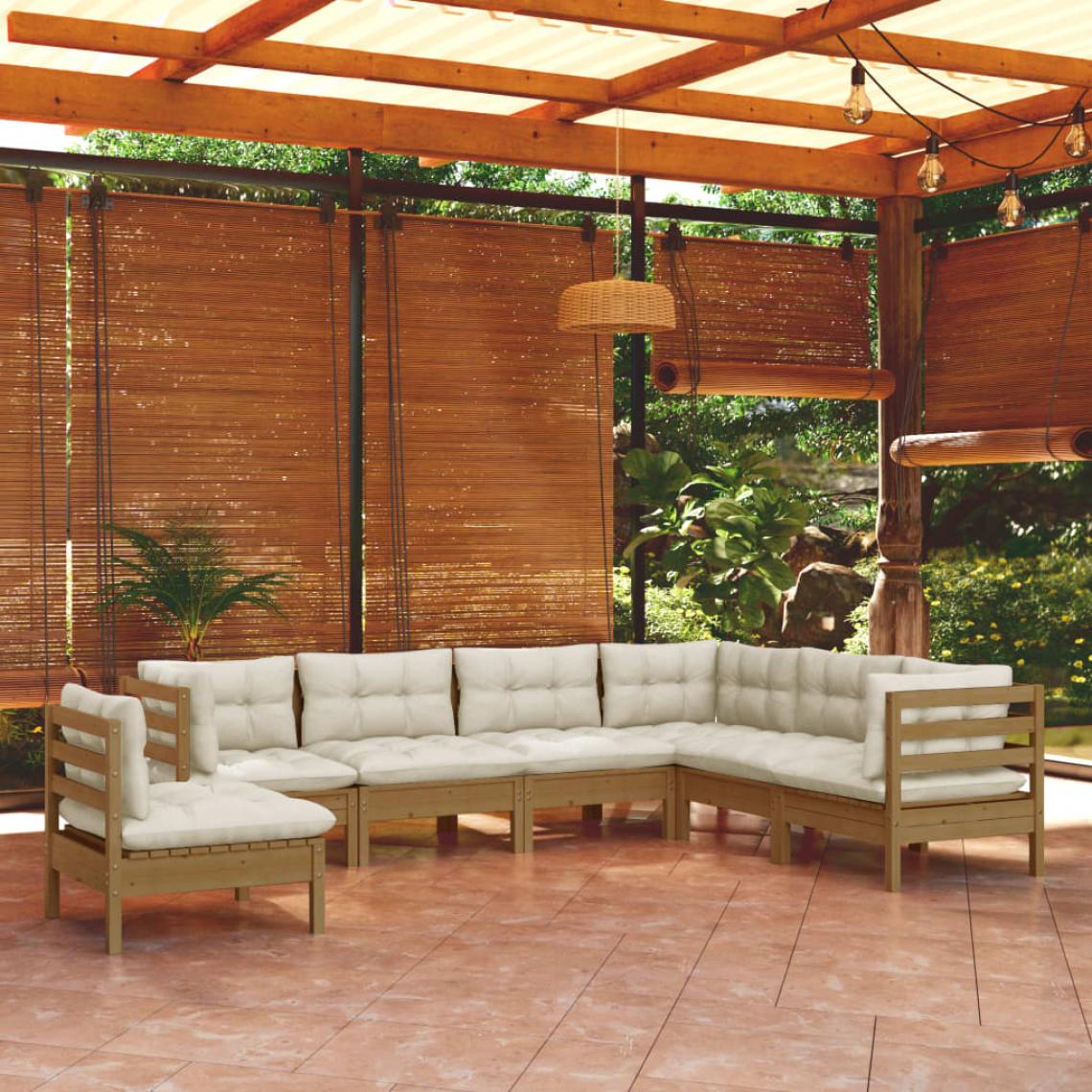 Vidaxl - vidaXL Salon de jardin 7 pcs avec coussins Marron miel Bois de pin - Ensembles canapés et fauteuils