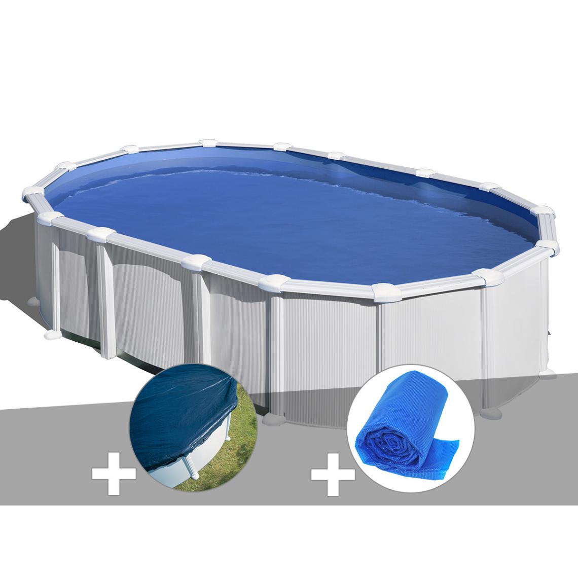Gre - Kit piscine acier blanc Gré Haïti ovale 7,44 x 3,99 x 1,32 m + Bâche hiver + Bâche à bulles - Piscines acier et résine