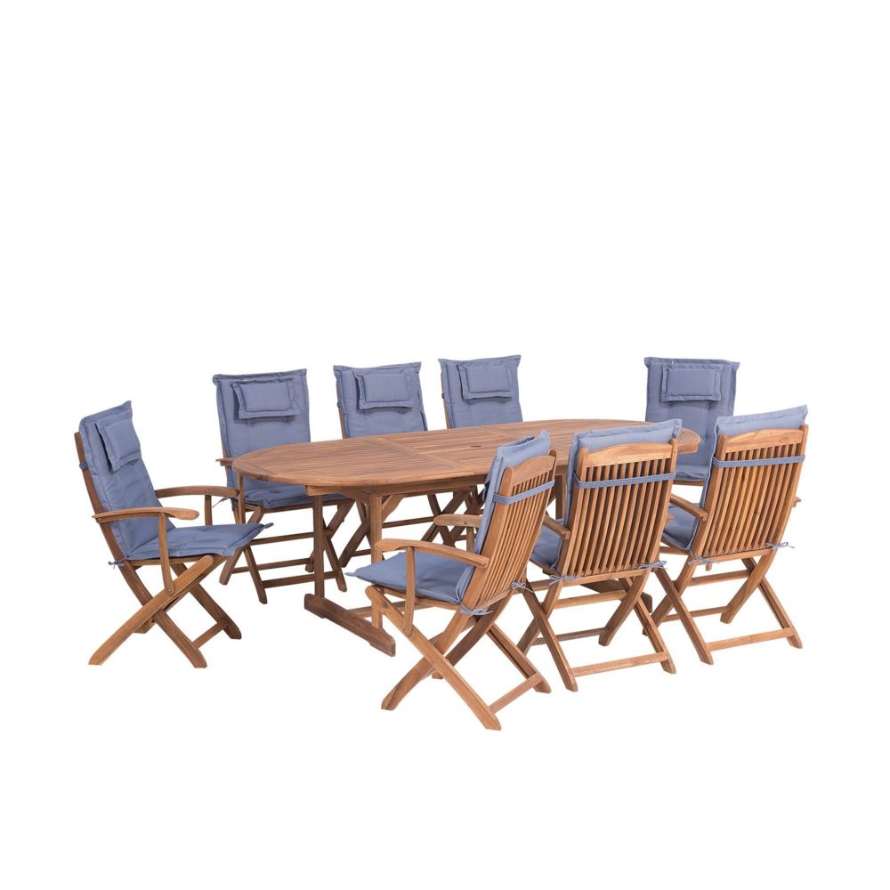 Beliani - Beliani Ensemble de jardin en bois 8 places avec coussins bleus MAUI - marron clair - Ensembles tables et chaises