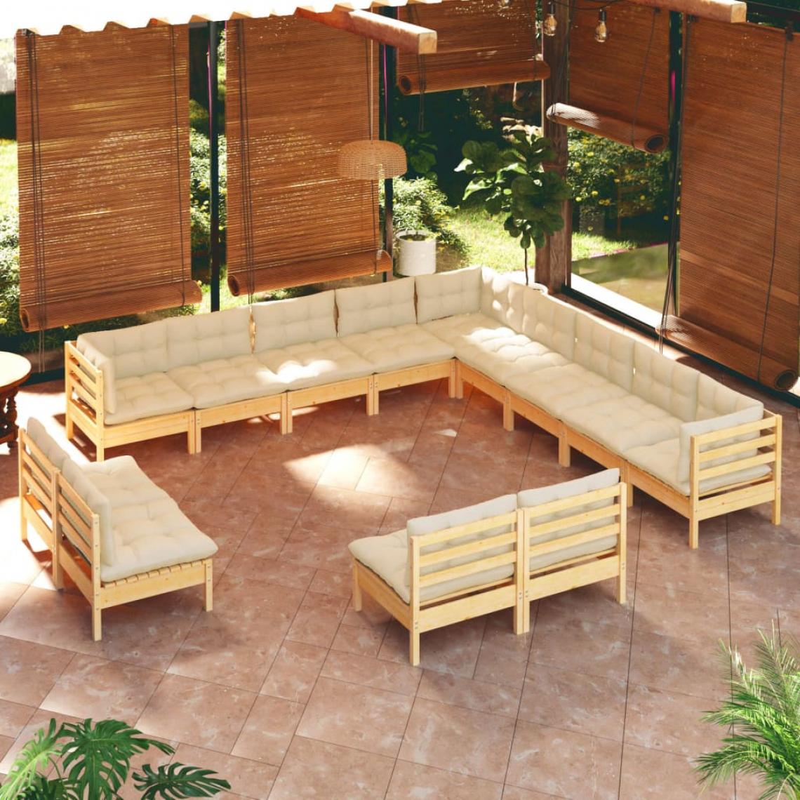 Vidaxl - vidaXL Salon de jardin 13 pcs avec coussins crème Bois de pin massif - Ensembles canapés et fauteuils