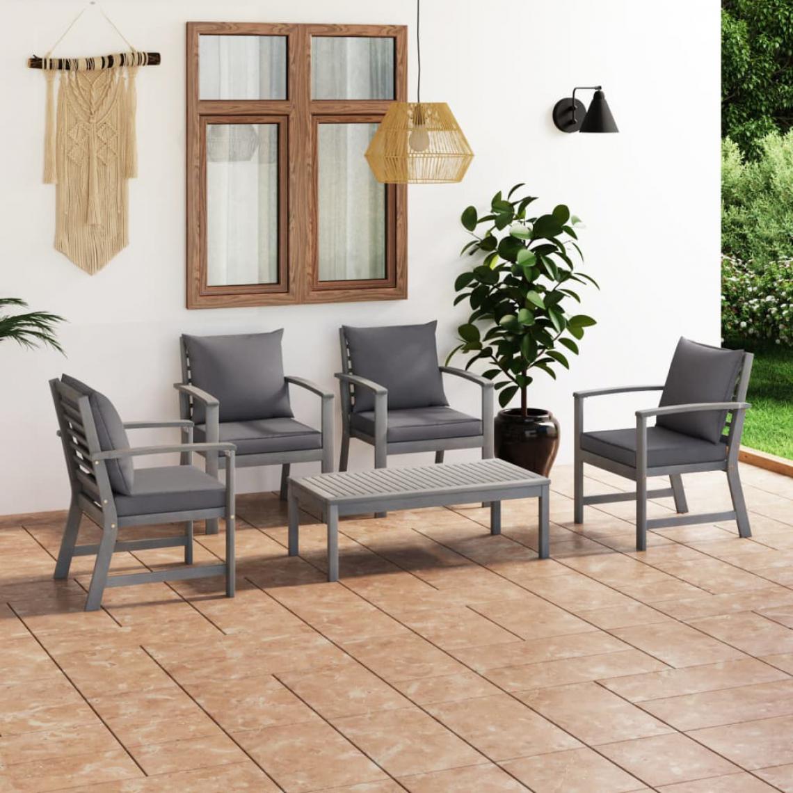 Chunhelife - Salon de jardin 5 pcs avec coussin Bois d'acacia solide Gris - Ensembles canapés et fauteuils