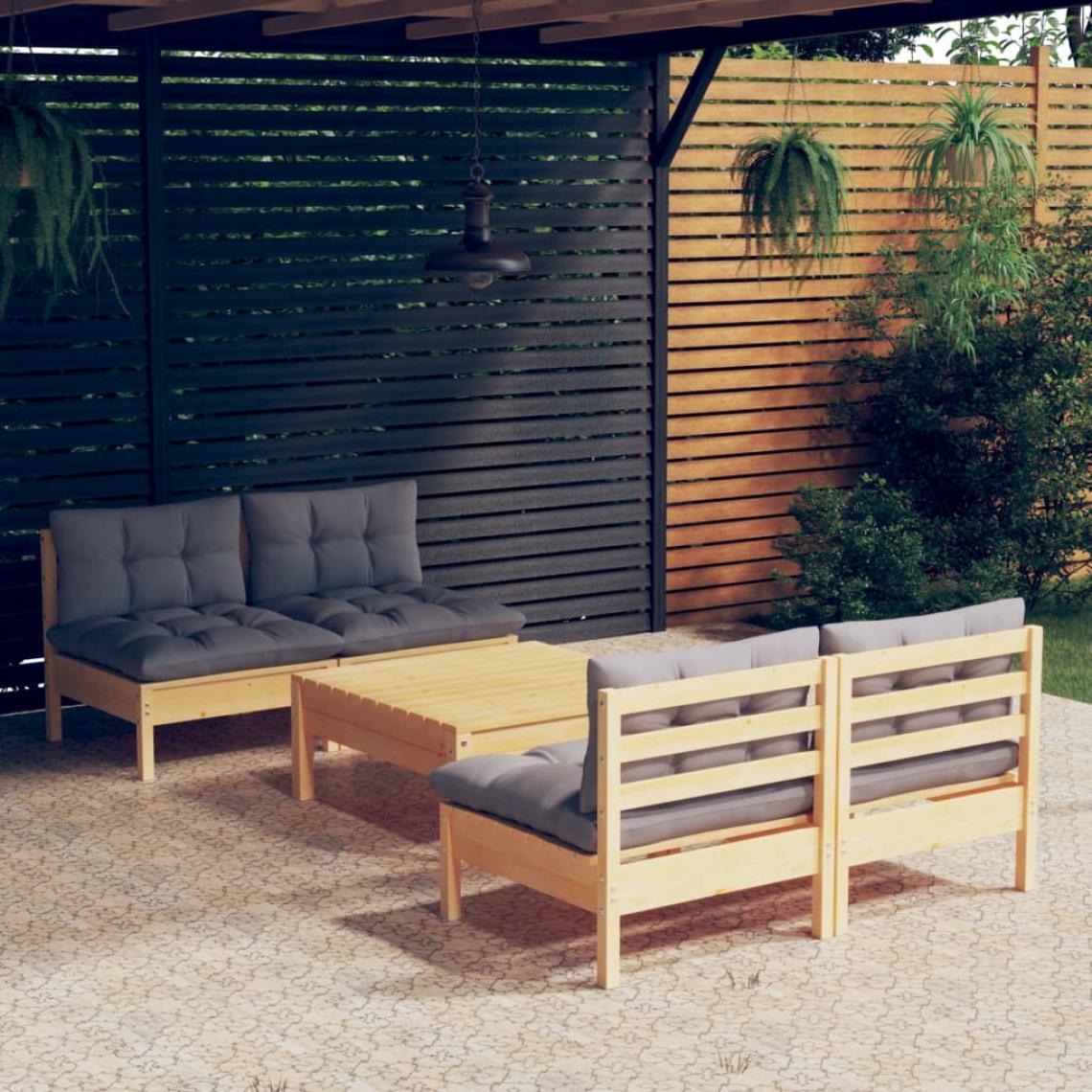 Vidaxl - vidaXL Salon de jardin 5 pcs avec coussins gris Bois de pin - Ensembles canapés et fauteuils