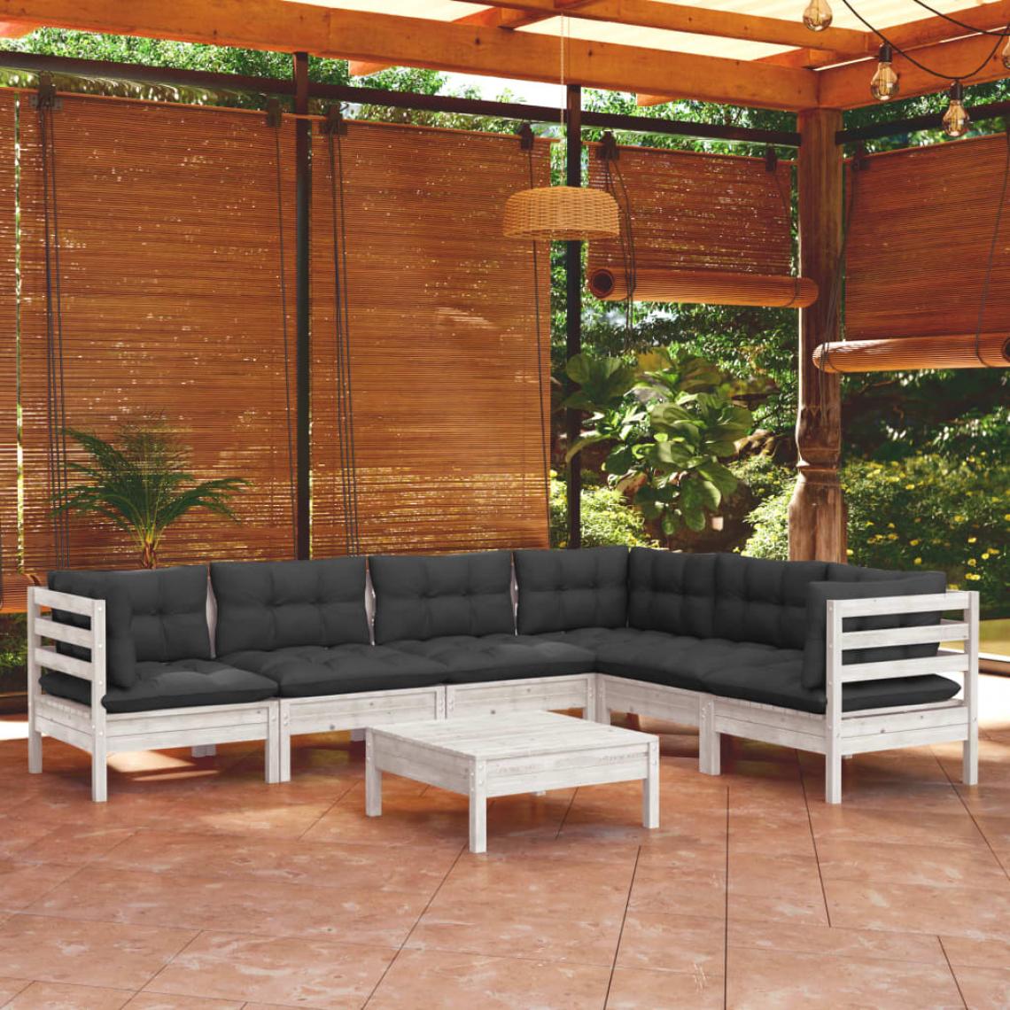Vidaxl - vidaXL Salon de jardin 7 pcs avec coussins Blanc Bois de pin solide - Ensembles canapés et fauteuils