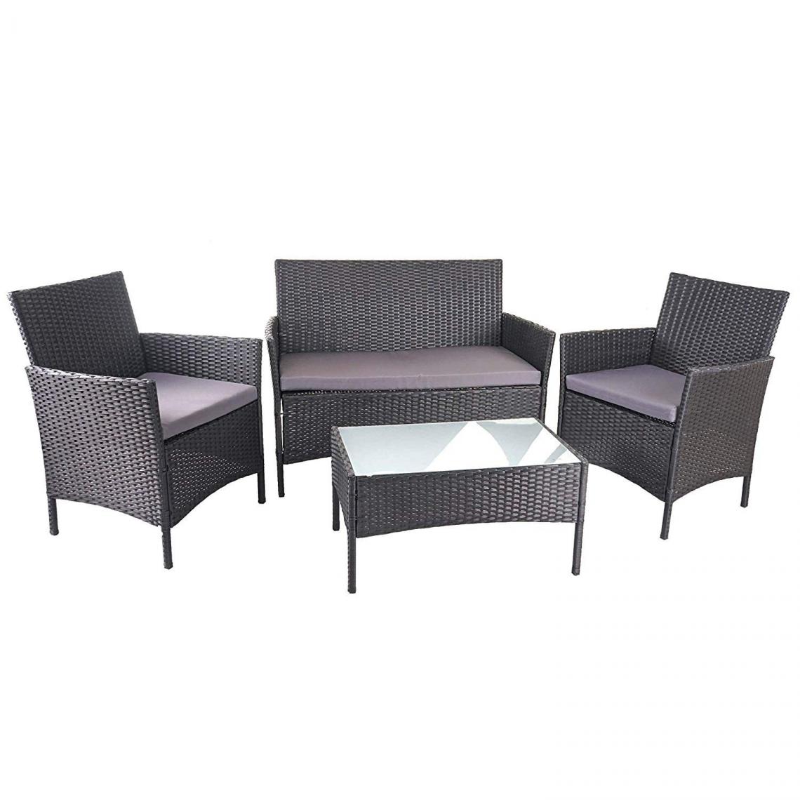 Decoshop26 - Salon de jardin avec fauteuils banc et table en poly-rotin noir et coussin anthracite MDJ04149 - Ensembles canapés et fauteuils