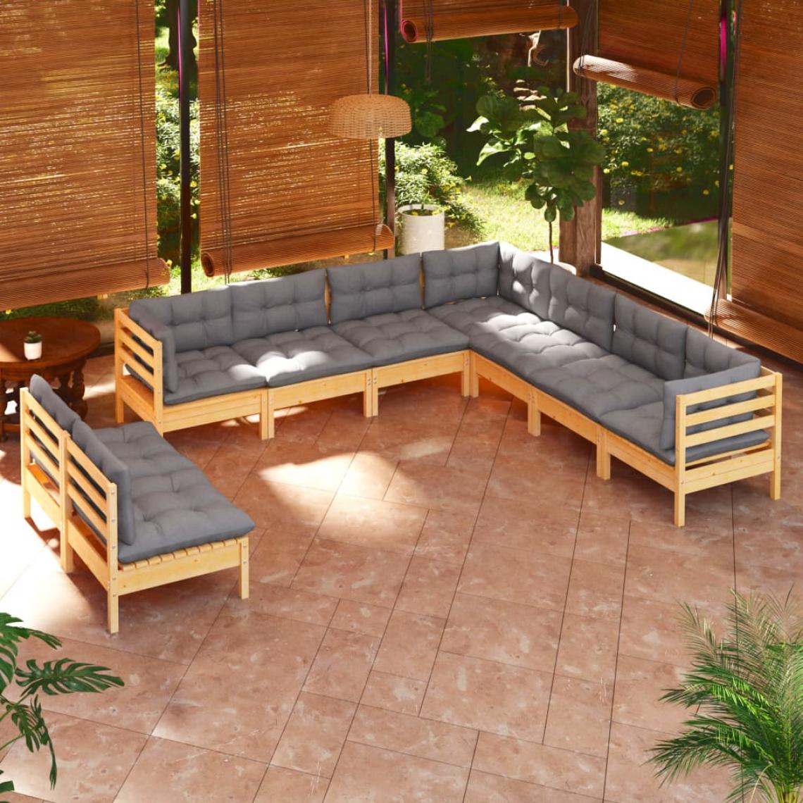 Vidaxl - vidaXL Salon de jardin 9 pcs avec coussins gris Bois de pin solide - Ensembles canapés et fauteuils