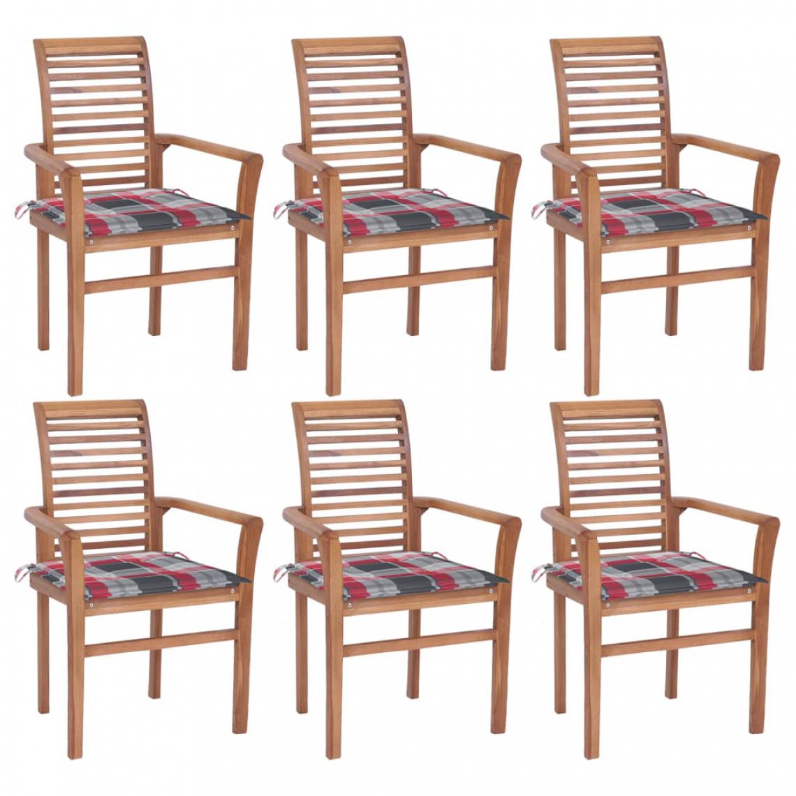 Vidaxl - vidaXL Chaises à dîner 6pcs avec coussins à carreaux rouge Teck solide - Chaises de jardin