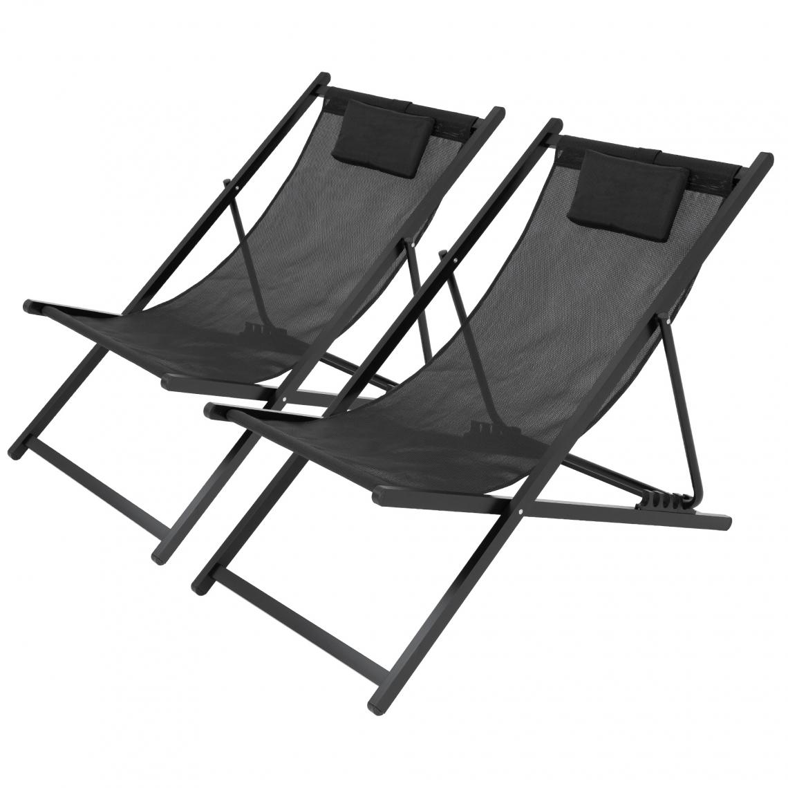 Ecd Germany - 2x Chaise longue pliante bain de soleil de plage jardin réglable aluminium noir - Chaises de jardin