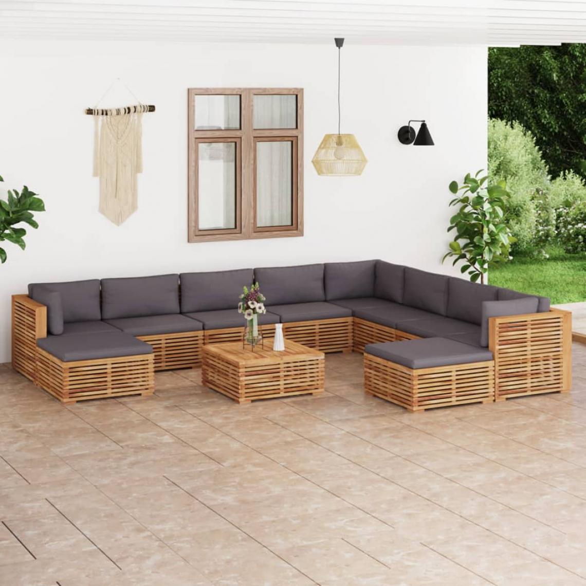 Vidaxl - vidaXL Salon de jardin 11 pcs avec coussin gris foncé Bois de teck - Ensembles canapés et fauteuils