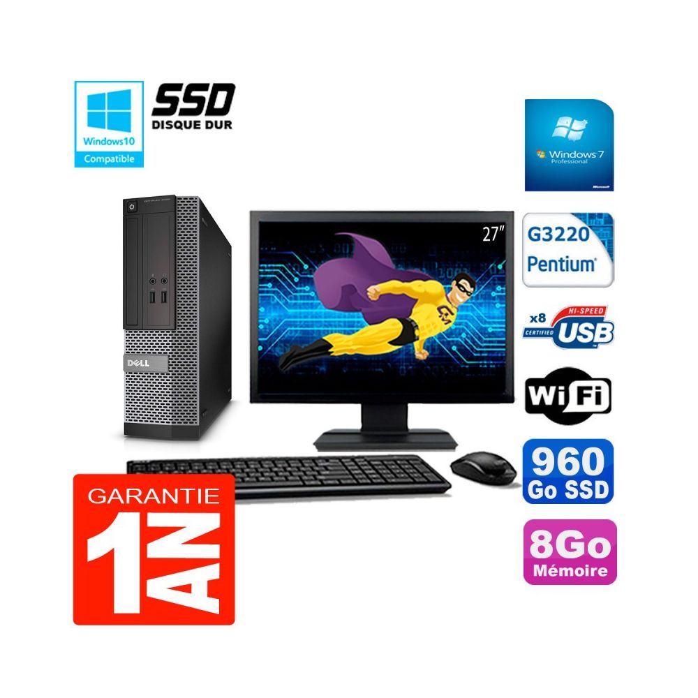 Dell - PC DELL 3020 SFF Ecran 27"""" Intel G3220 RAM 8Go Disque Dur 960 Go SSD Wifi W7 - PC Fixe