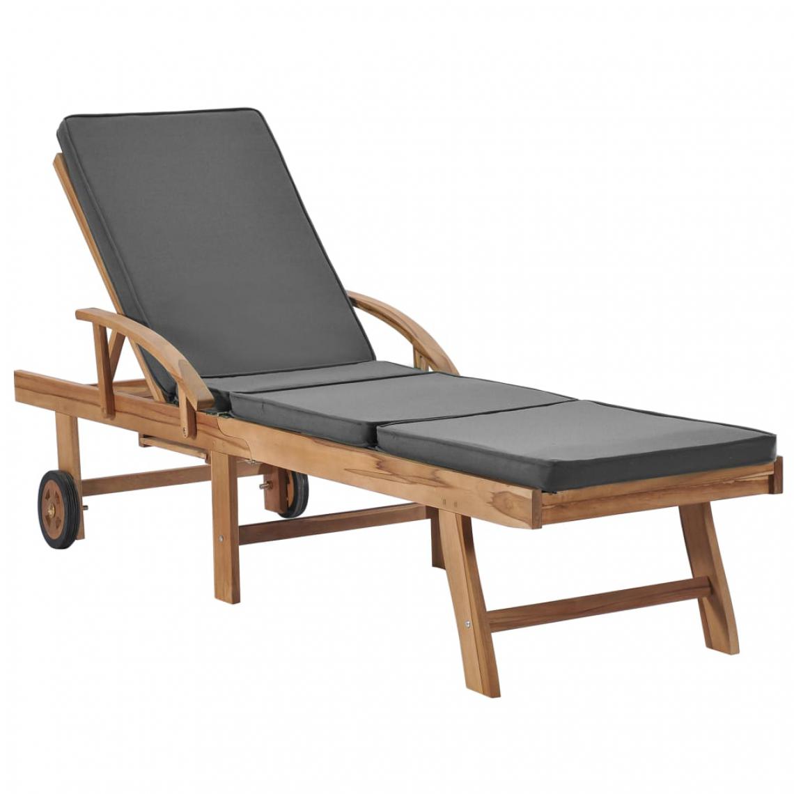 Chunhelife - Chaise longue avec coussin Bois de teck solide Gris foncé - Transats, chaises longues