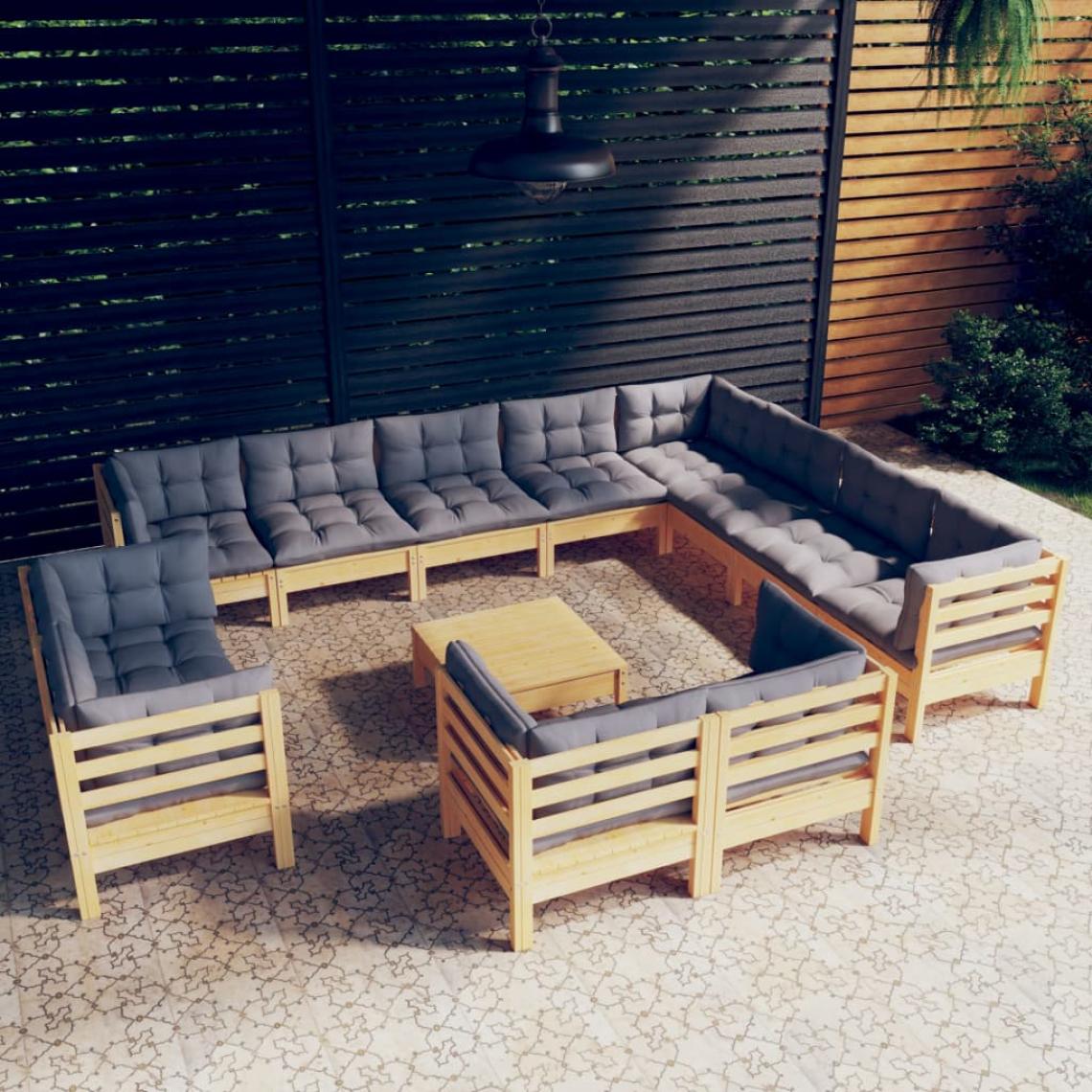 Vidaxl - vidaXL Salon de jardin 13 pcs avec coussins gris Bois de pin solide - Ensembles canapés et fauteuils