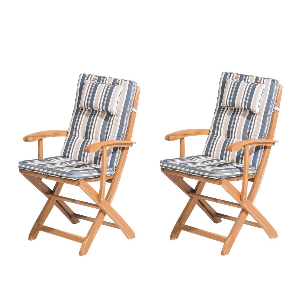 Beliani - Lot de 2 chaises en bois avec coussin à rayure beige et bleu MAUI - Chaises de jardin