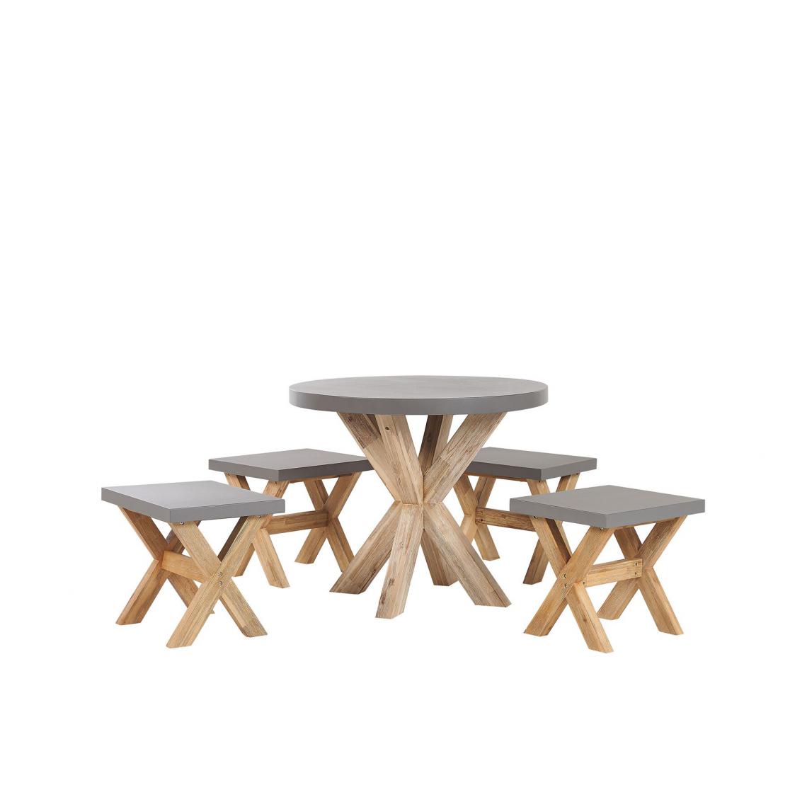 Beliani - Set de jardin table ronde et 4 tabourets en fibre-ciment gris et bois OLBIA - Ensembles tables et chaises