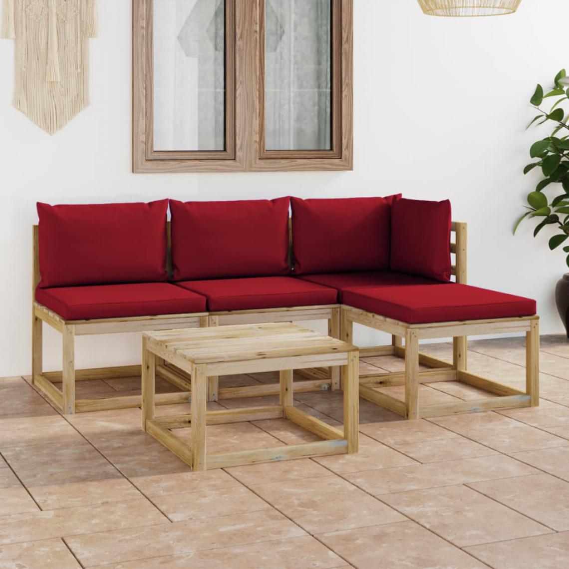 Chunhelife - Salon de jardin 5 pcs avec coussins rouge bordeaux - Ensembles canapés et fauteuils