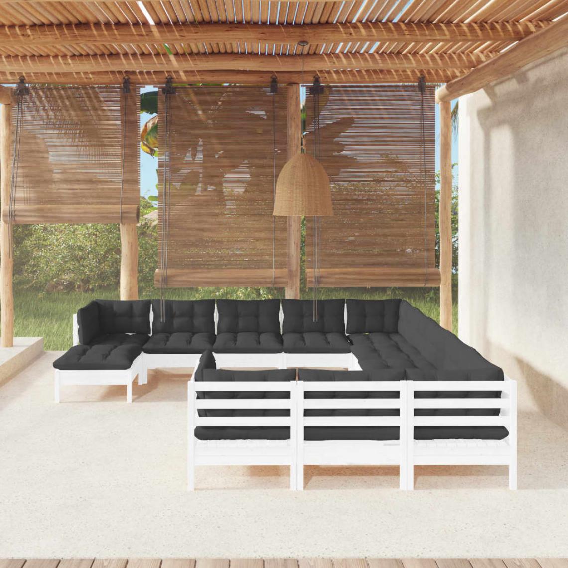 Vidaxl - vidaXL Salon de jardin 12 pcs avec coussins Blanc Bois de pin - Ensembles canapés et fauteuils