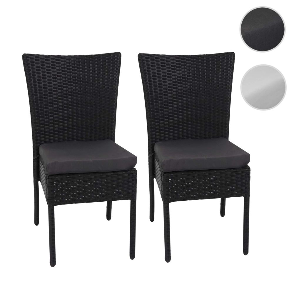 Mendler - 2x Fauteuil en polyrotin HWC-G19, chaise pour jardin ou balcon, empilable ~ noir, coussin gris foncé - Chaises de jardin