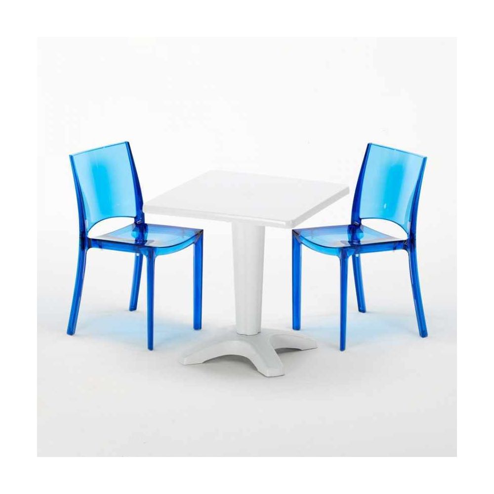 Grand Soleil - Table et 2 chaises colorées polycarbonate extérieurs Grand Soleil Caffè, Chaises Modèle: B-Side Bleu transparent, Couleur de la table: Blanc - Ensembles tables et chaises