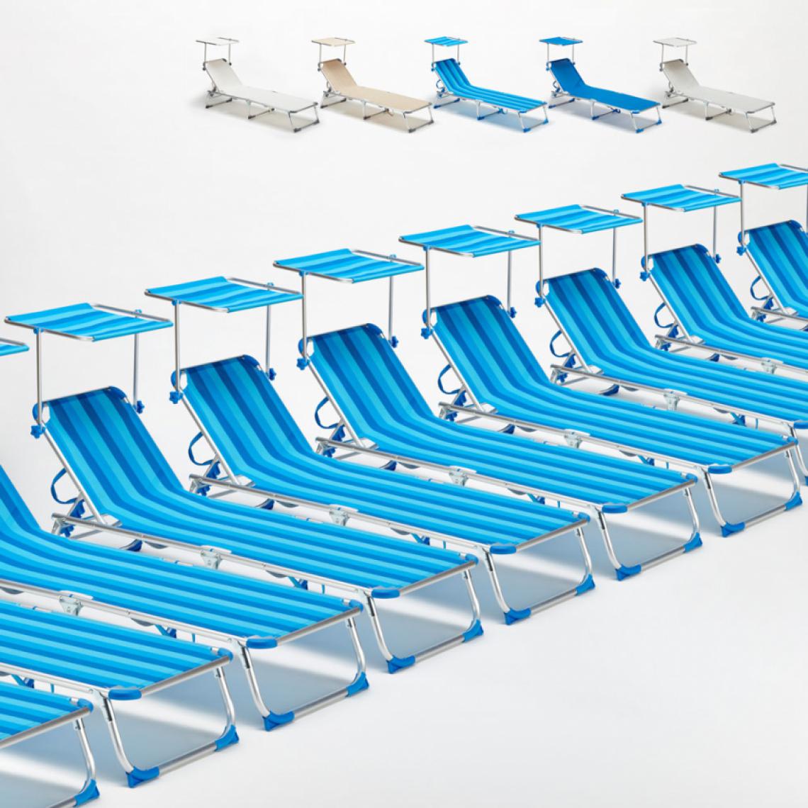 Beach And Garden Design - 24 transats chaises pour la mer pliants avec paresol California, Couleur: Rayures Bleues - Transats, chaises longues