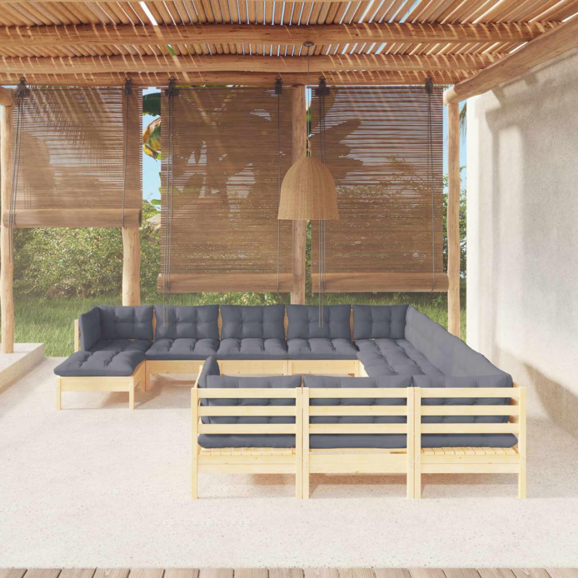 Vidaxl - vidaXL Salon de jardin 12 pcs avec coussins gris Bois de pin massif - Ensembles canapés et fauteuils