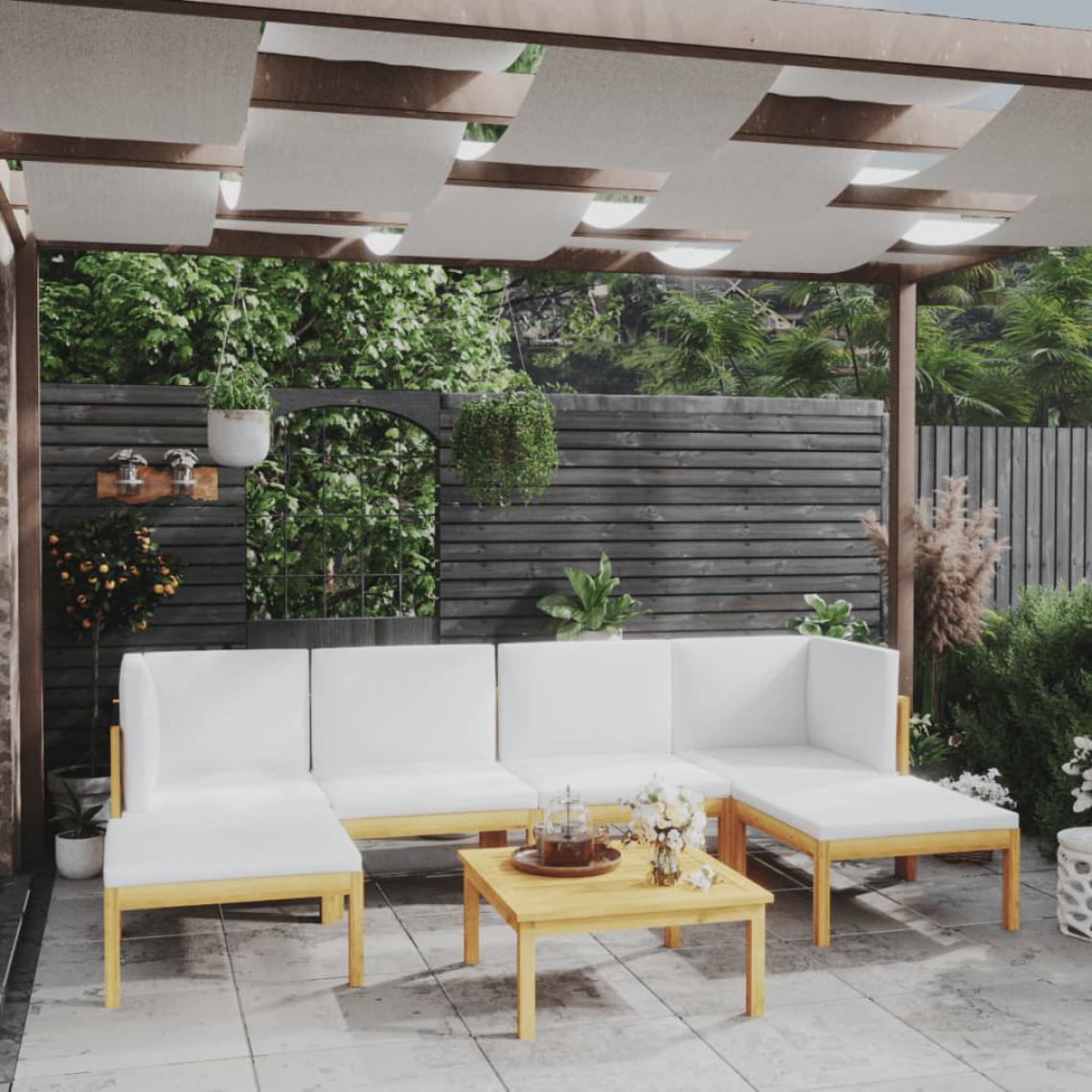 Chunhelife - Salon de jardin 7 pcs avec coussins Crème Bois d'acacia solide - Ensembles canapés et fauteuils