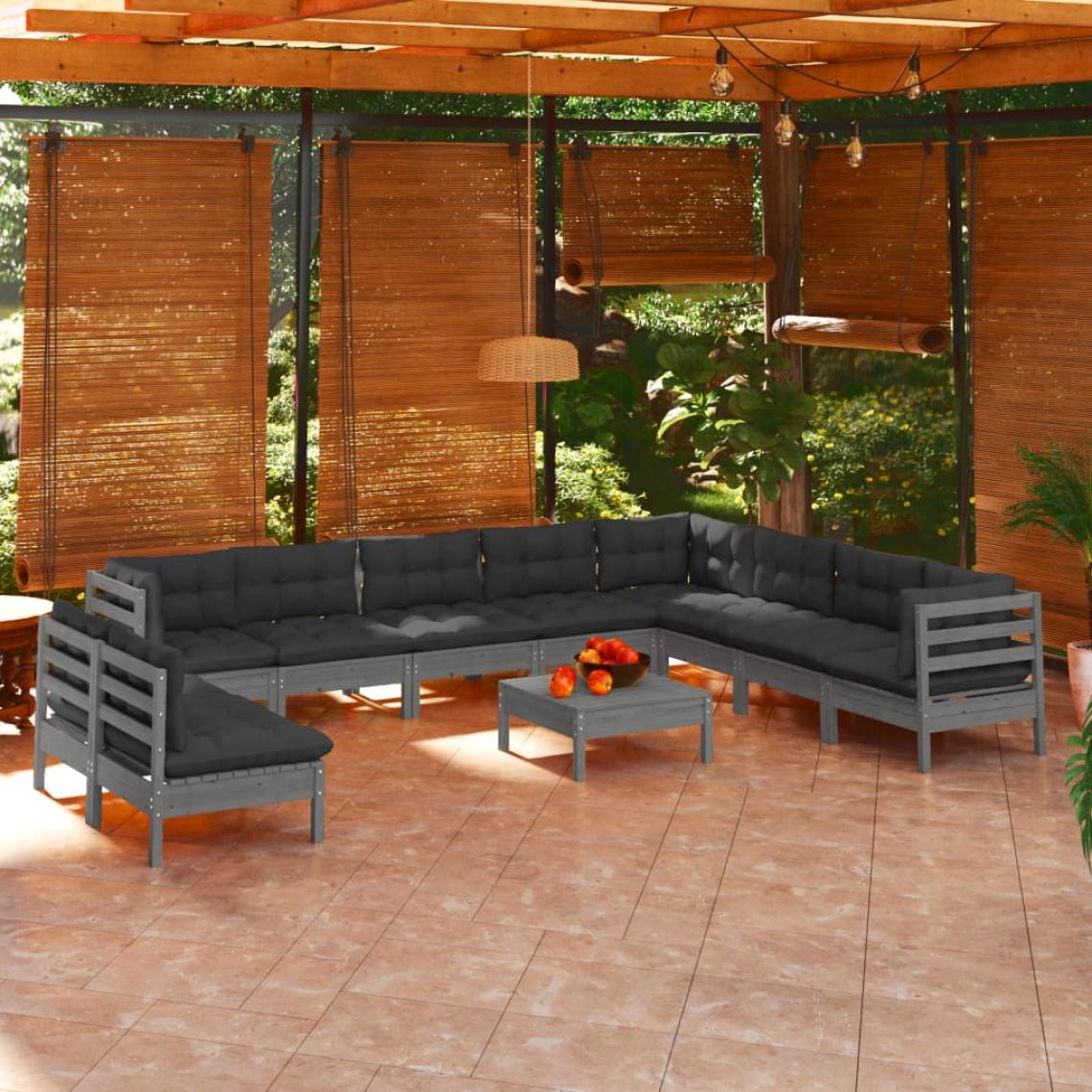 Vidaxl - vidaXL Salon de jardin 11 pcs avec coussins Gris Bois de pin solide - Ensembles canapés et fauteuils