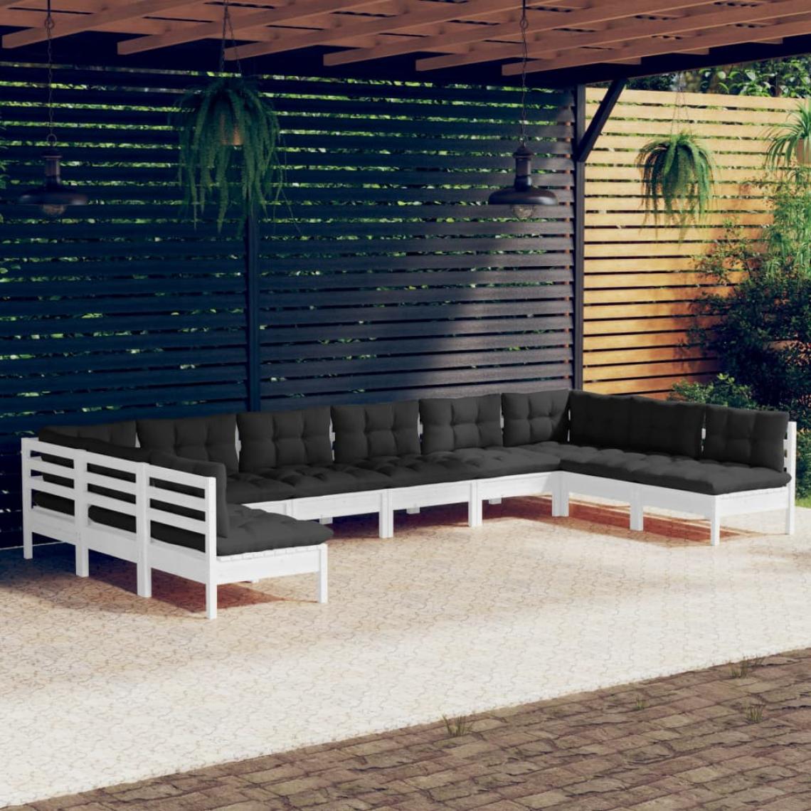 Vidaxl - vidaXL Salon de jardin 10 pcs avec coussins Blanc Bois de pin solide - Ensembles canapés et fauteuils