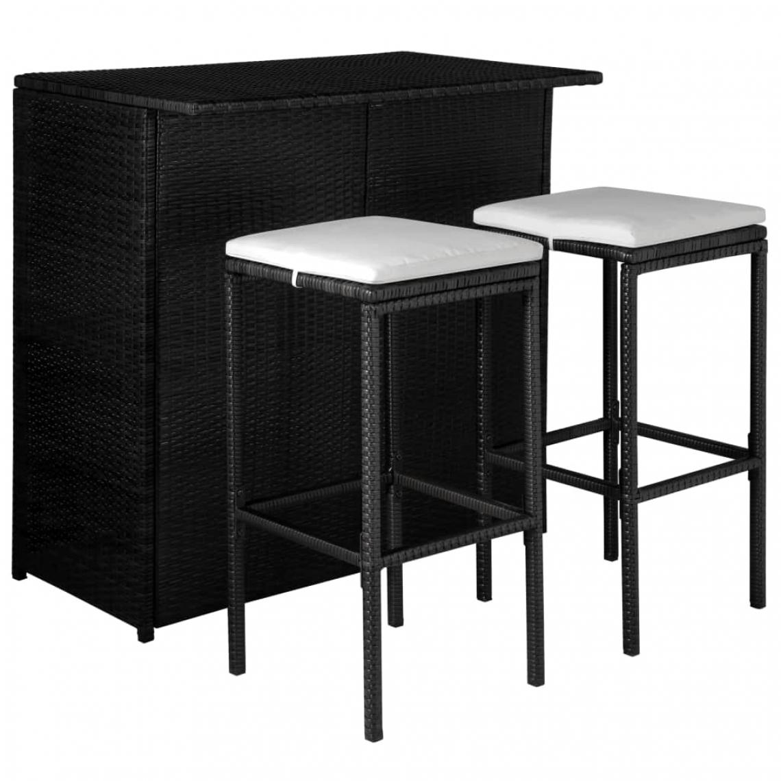 Chunhelife - Mobilier de bistro 3 pcs avec coussins Résine tressée Noir - Ensembles tables et chaises