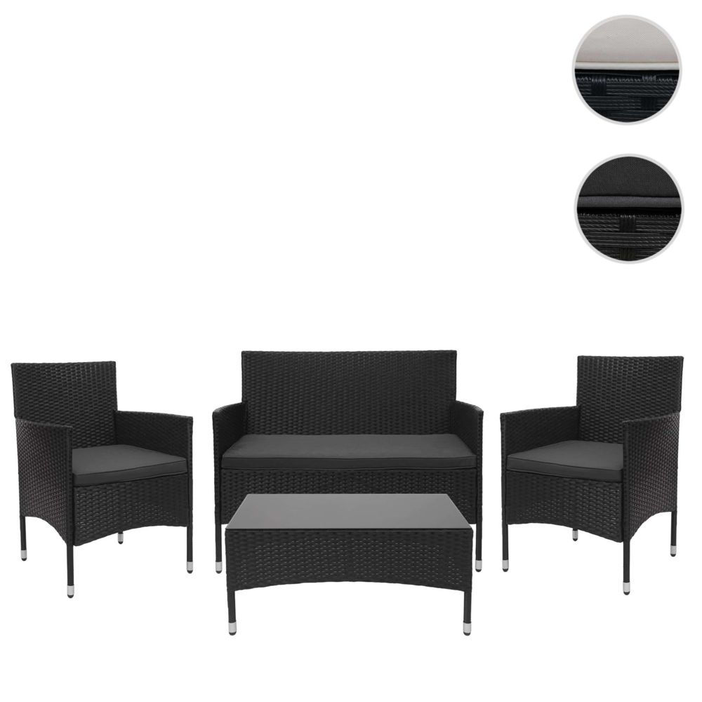 Mendler - Garniture en polyrotin HWC-F55, ensemble fauteuils, banc et table, balcon/jardin ~ noir, coussins gris foncé - Ensembles tables et chaises