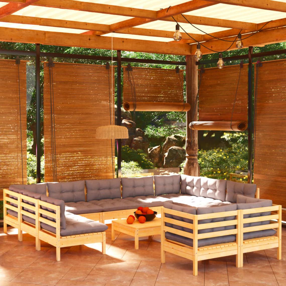 Vidaxl - vidaXL Salon de jardin 12 pcs avec coussins gris Bois de pin massif - Ensembles canapés et fauteuils