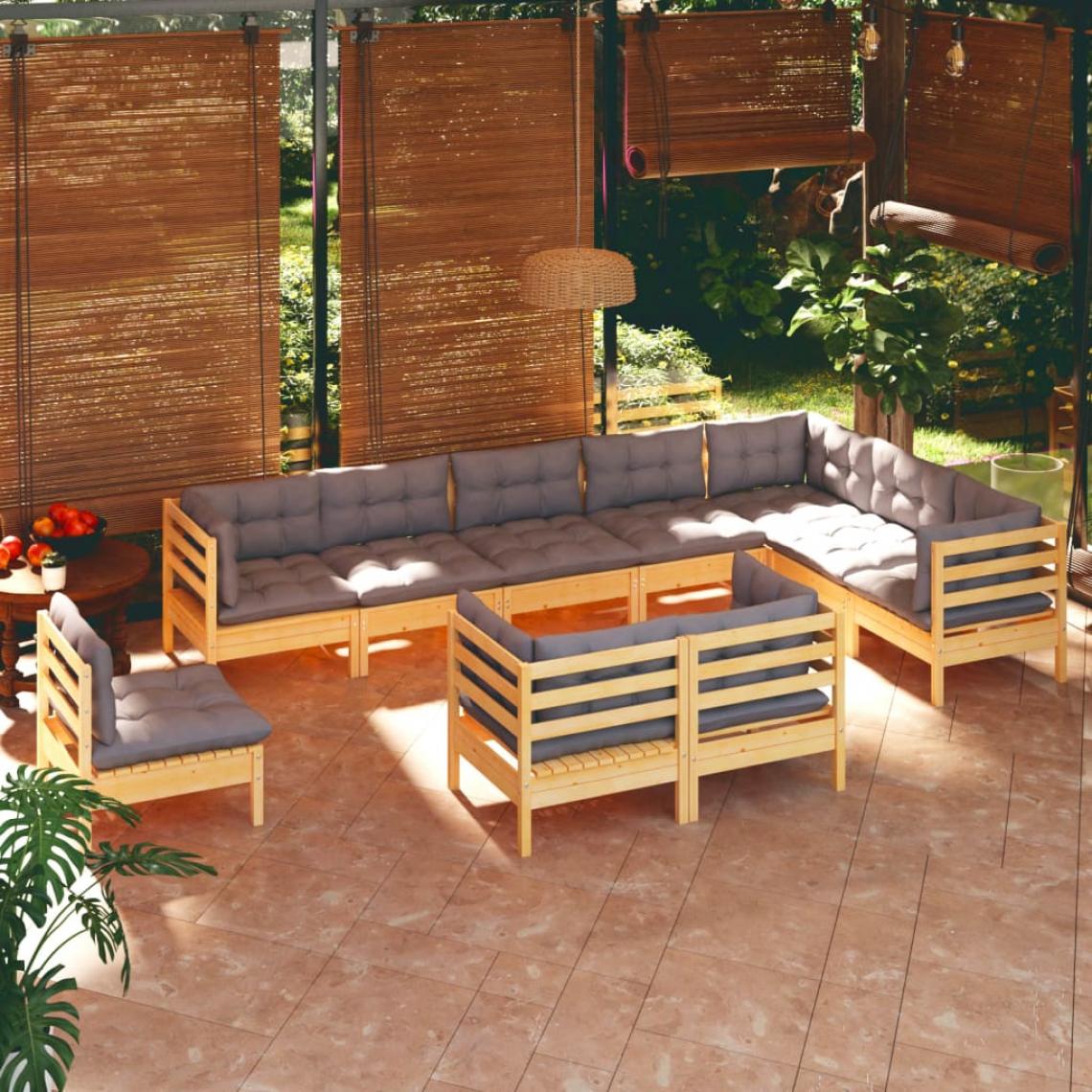 Vidaxl - vidaXL Salon de jardin 10 pcs avec coussins gris Bois de pin solide - Ensembles canapés et fauteuils