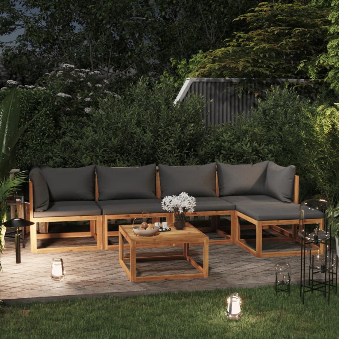 Chunhelife - Salon de jardin 6 pcs avec coussin Bois d'acacia solide - Ensembles canapés et fauteuils