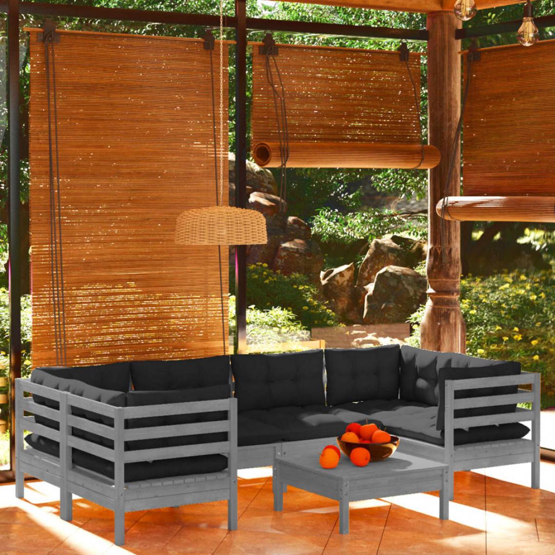 Vidaxl - vidaXL Salon de jardin 7 pcs avec coussins Gris Bois de pin - Ensembles canapés et fauteuils