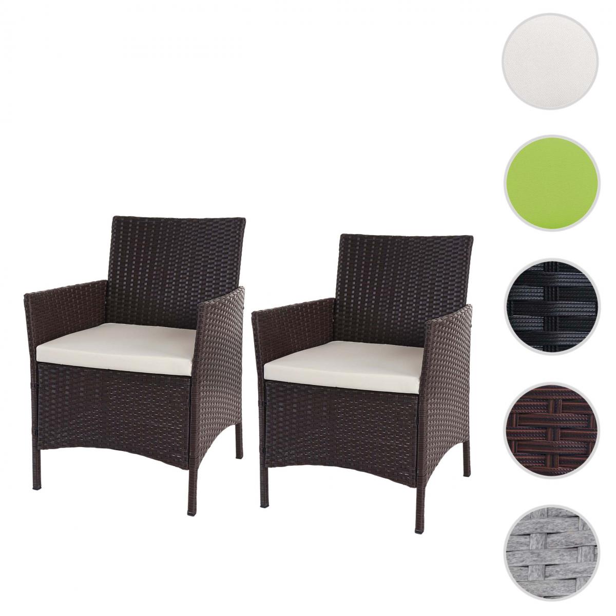 Mendler - 2x fauteuil de jardin Halden en polyrotin, fauteuil en osier ~ marron chiné, coussin crème - Chaises de jardin