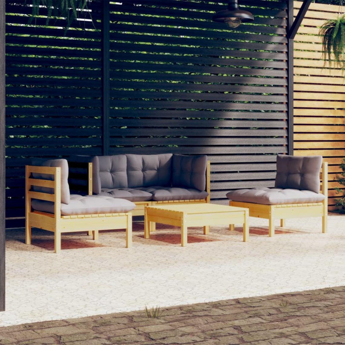 Vidaxl - vidaXL Salon de jardin 5 pcs avec coussins gris Bois de pin massif - Ensembles canapés et fauteuils