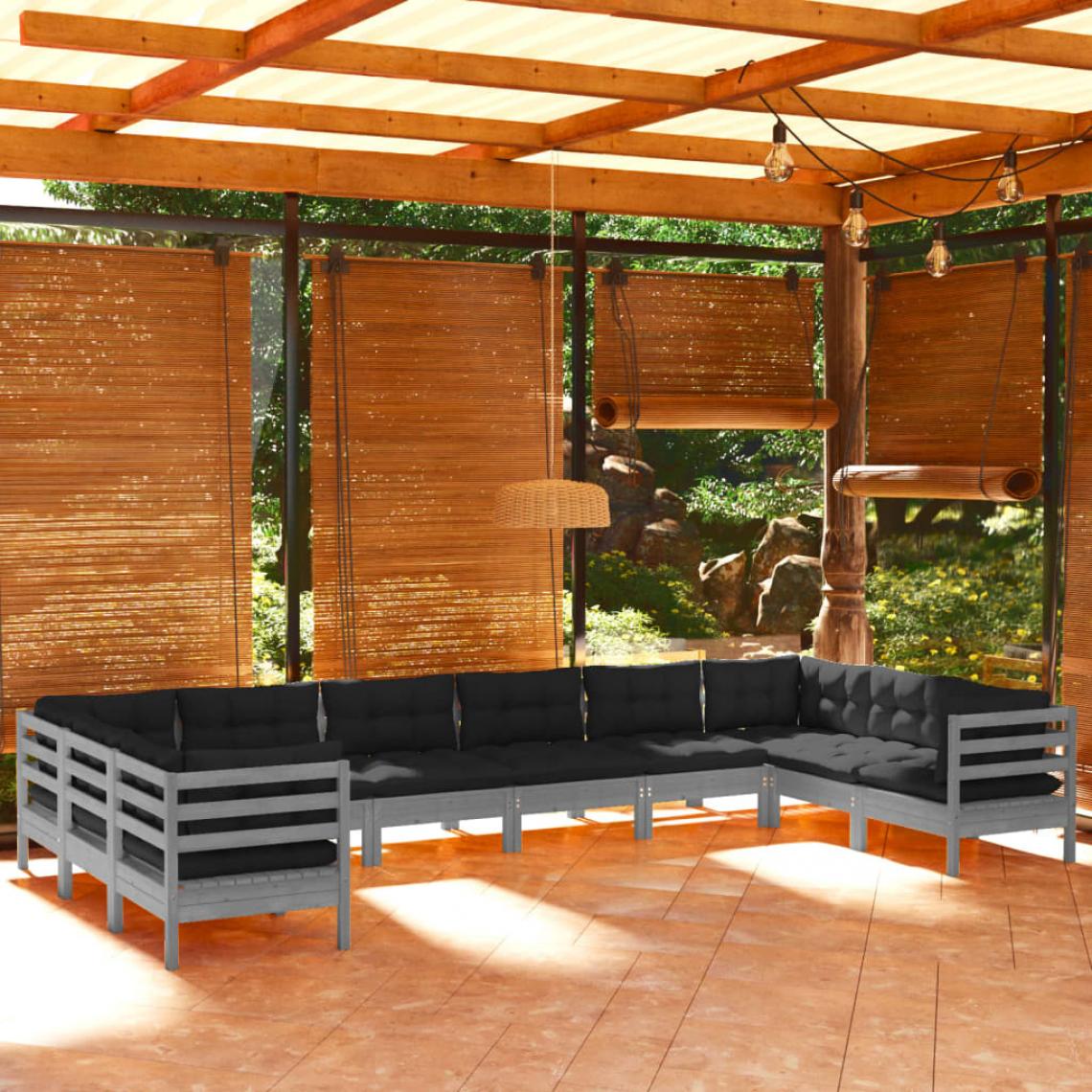 Vidaxl - vidaXL Salon de jardin 10 pcs avec coussins Gris Bois de pin - Ensembles canapés et fauteuils