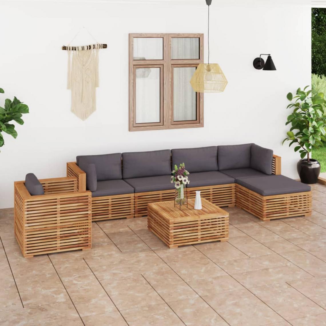 Vidaxl - vidaXL Salon de jardin 7 pcs avec coussin gris foncé Bois de teck - Ensembles canapés et fauteuils