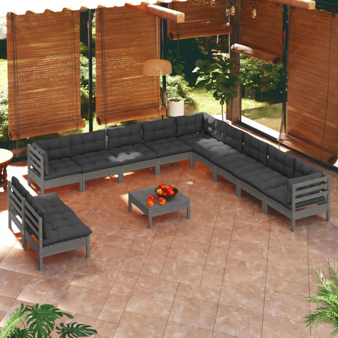 Vidaxl - vidaXL Salon de jardin 12 pcs avec coussins Gris Bois de pin massif - Ensembles canapés et fauteuils