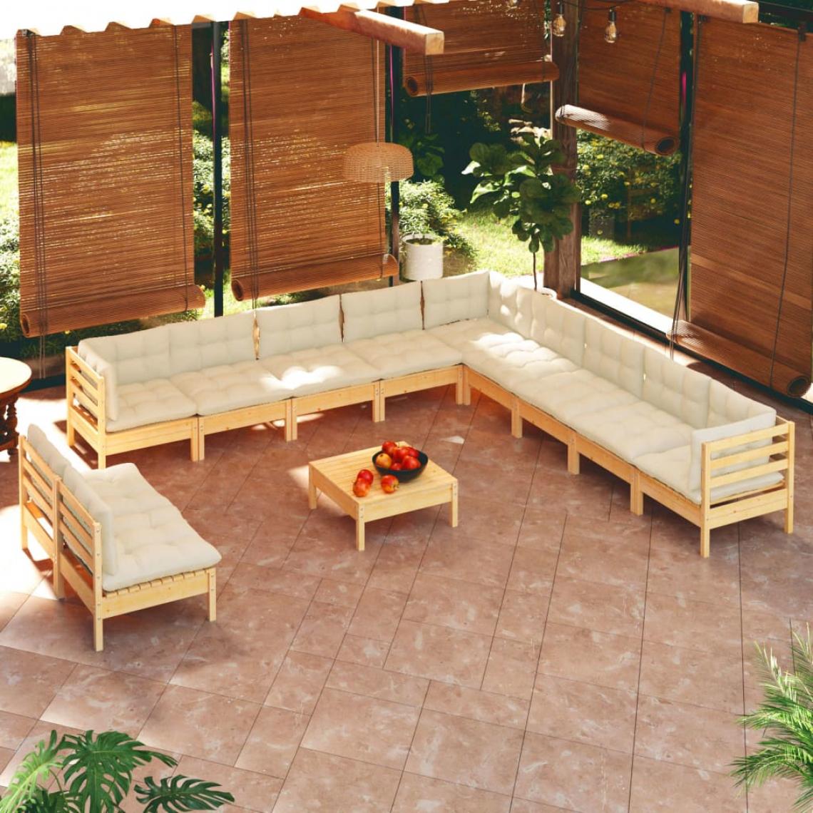 Vidaxl - vidaXL Salon de jardin 12 pcs avec coussins crème Bois de pin massif - Ensembles canapés et fauteuils