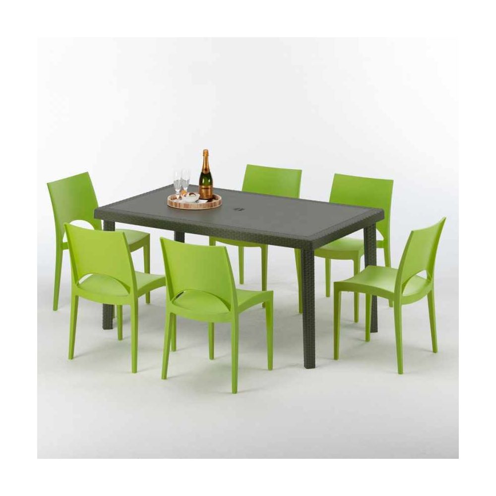 Grand Soleil - Table rectangulaire 6 chaises Poly rotin resine 150x90 marron Focus, Chaises Modèle: Paris Vert - Ensembles tables et chaises