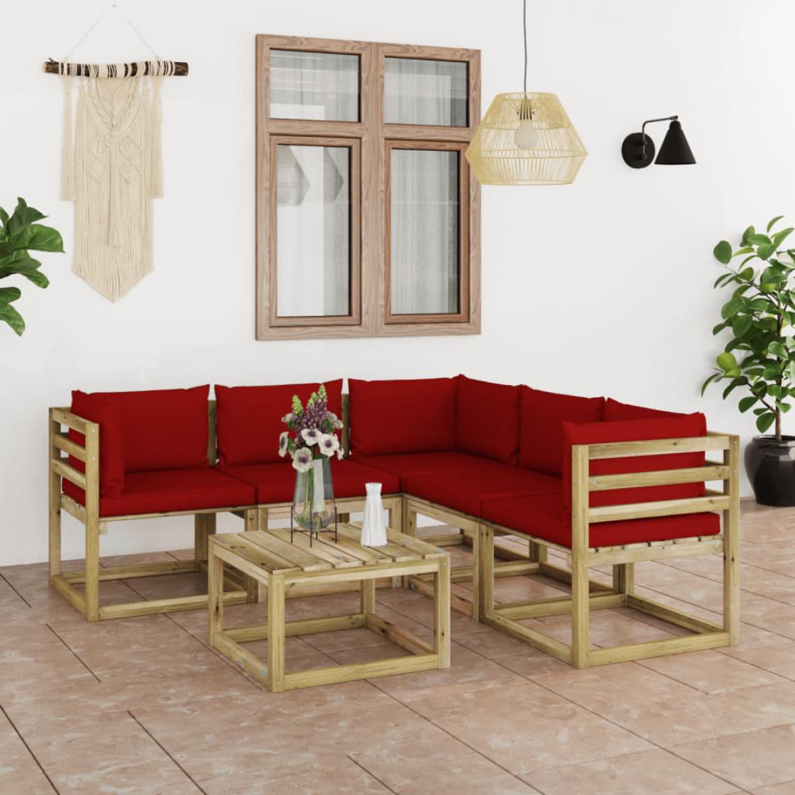 Chunhelife - Salon de jardin 6 pcs avec coussins rouge bordeaux - Ensembles canapés et fauteuils