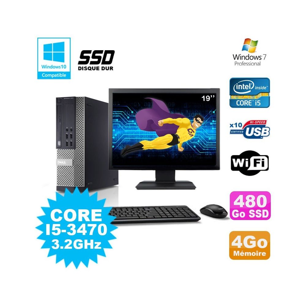 Dell - Lot PC Dell 7010 SFF Core I5-3470 3.2GHz 4Go 480Go SSD DVD Wifi W7 + Ecran 19 - PC Fixe