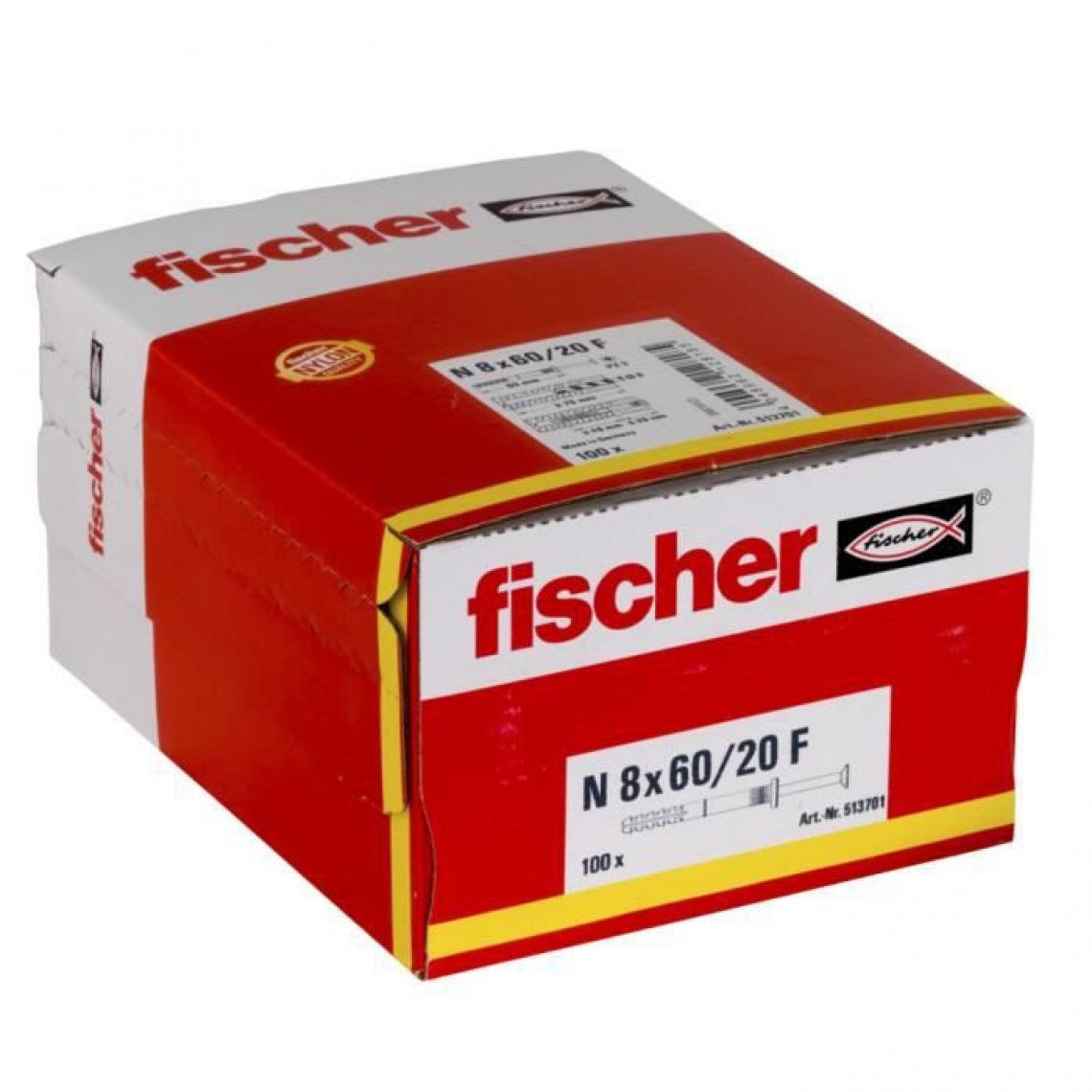 Fischer - FISCHER - Cheville clou NF 8x60/20 avec collerette épaisse et clou tete fraisée - Boîte de 100 - Cheville