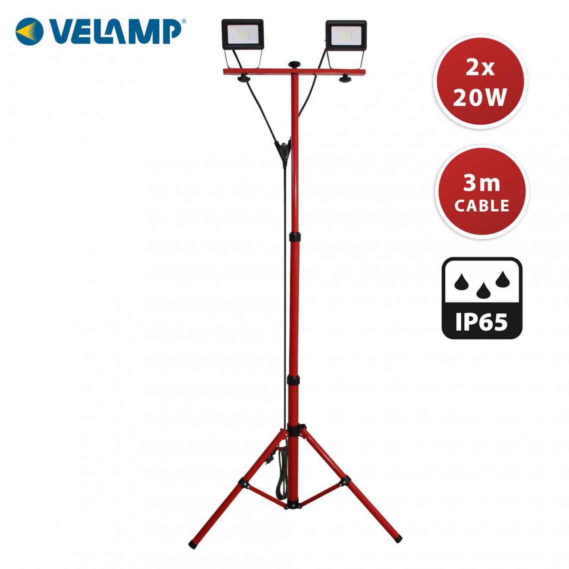 Velamp - TWIN HEAD : Worklight 2x20W avec trépied et câble 3 m - Projecteur de chantier