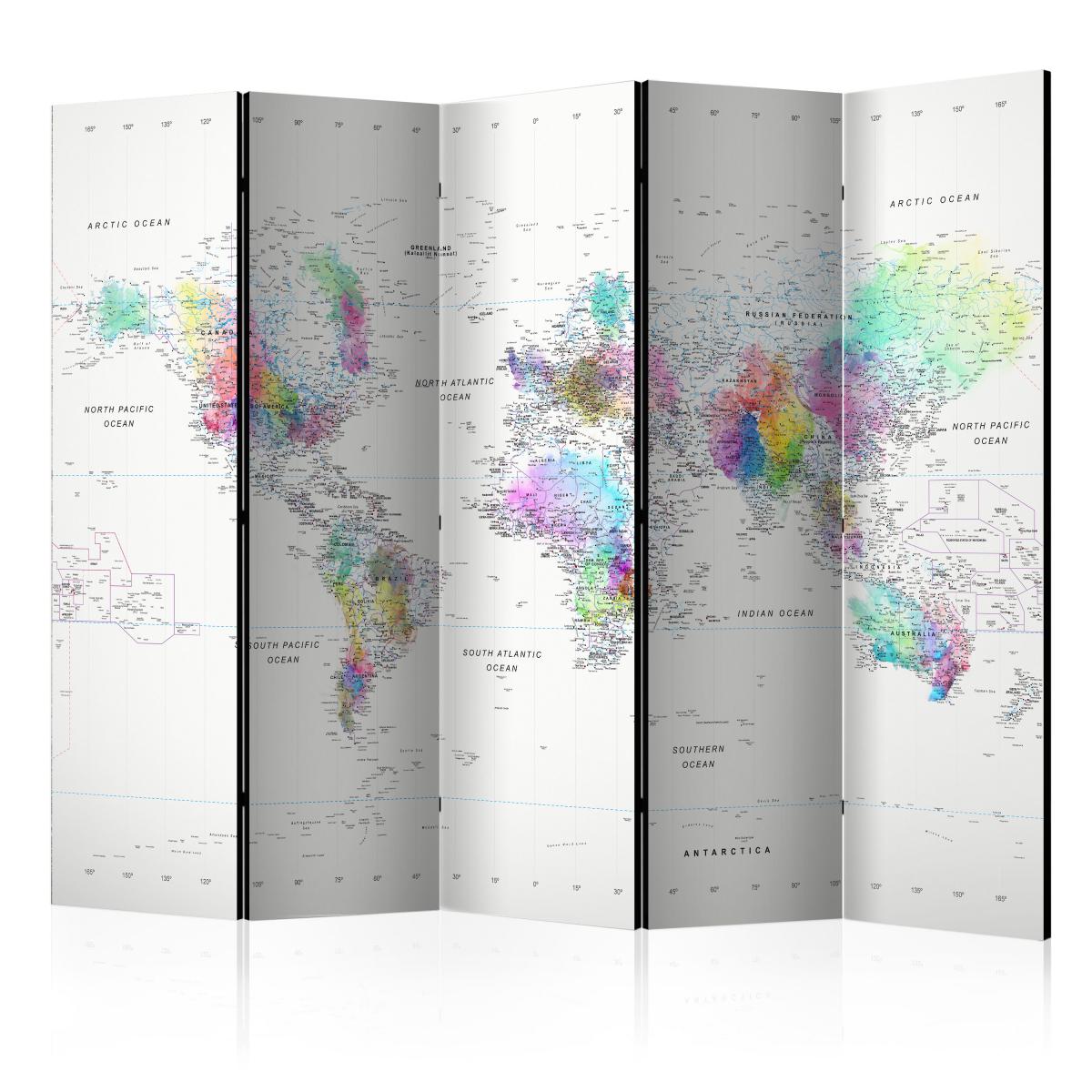 Bimago - Paravent 5 volets - Room divider – White-colorful world map - Décoration, image, art | 225x172 cm | XL - Grand Format | - Cloisons