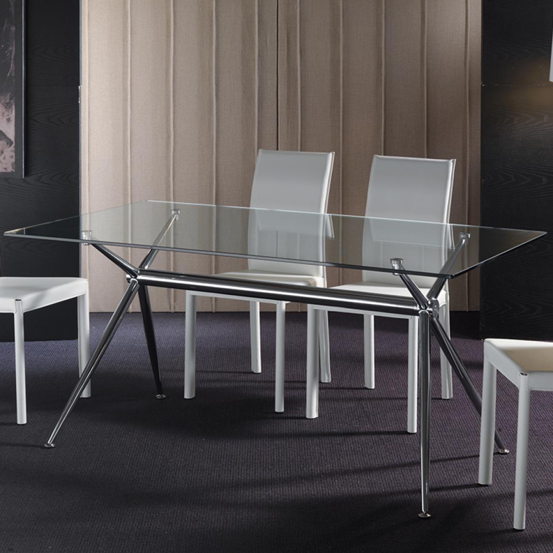 Nouvomeuble - Table 160 cm design en verre et acier chomé ATHENA - Tables à manger