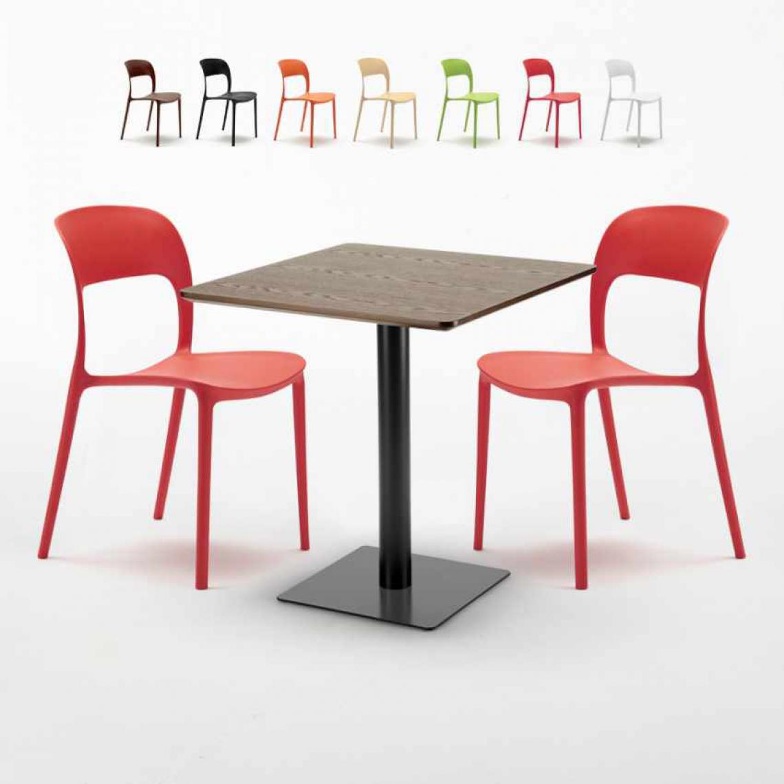 Ahd Amazing Home Design - Table carrée 60x60 pied noir et plateau bois avec 2 chaises colorées Restaurant Kiss, Couleur: Rouge - Tables à manger