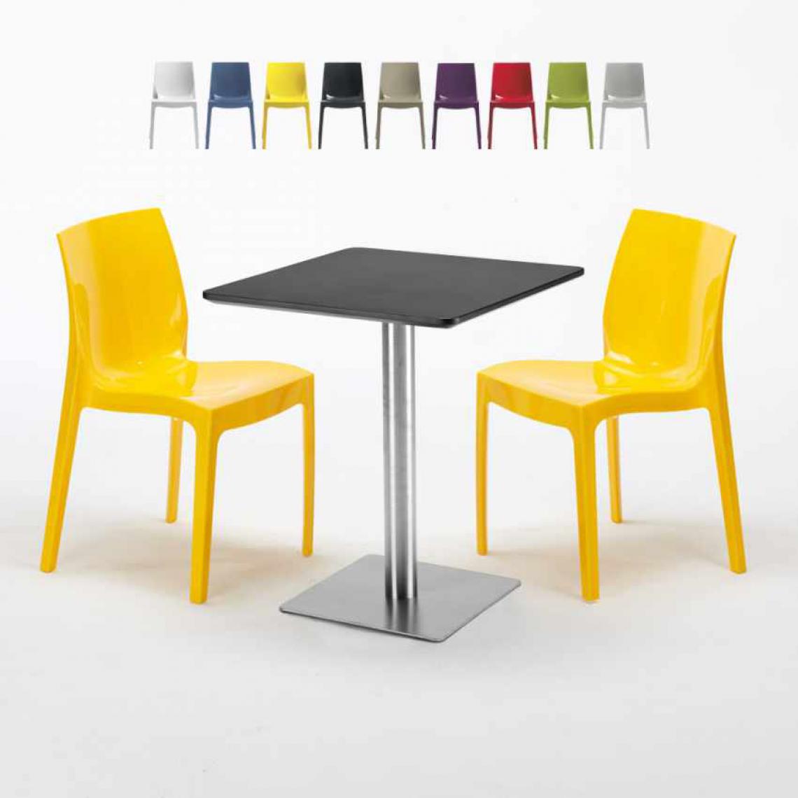 Grand Soleil - Table carrée 60x60 cm Base Argent E Top Noir Avec 2 Chaises Colorées Ice Pistachio, Couleur: Jaune - Tables à manger
