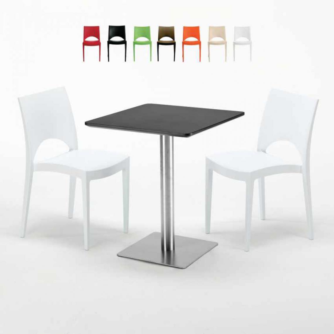 Grand Soleil - Table carrée 60x60 pied acier et plateau noir avec 2 chaises colorées Paris Pistachio, Couleur: Blanc - Tables à manger