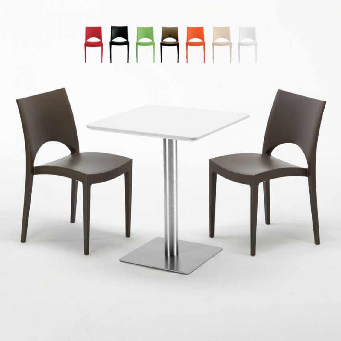 Grand Soleil - Table carrée 60x60 plateau blanc avec 2 chaises colorées Paris Hazelnut, Couleur: Marron - Tables à manger