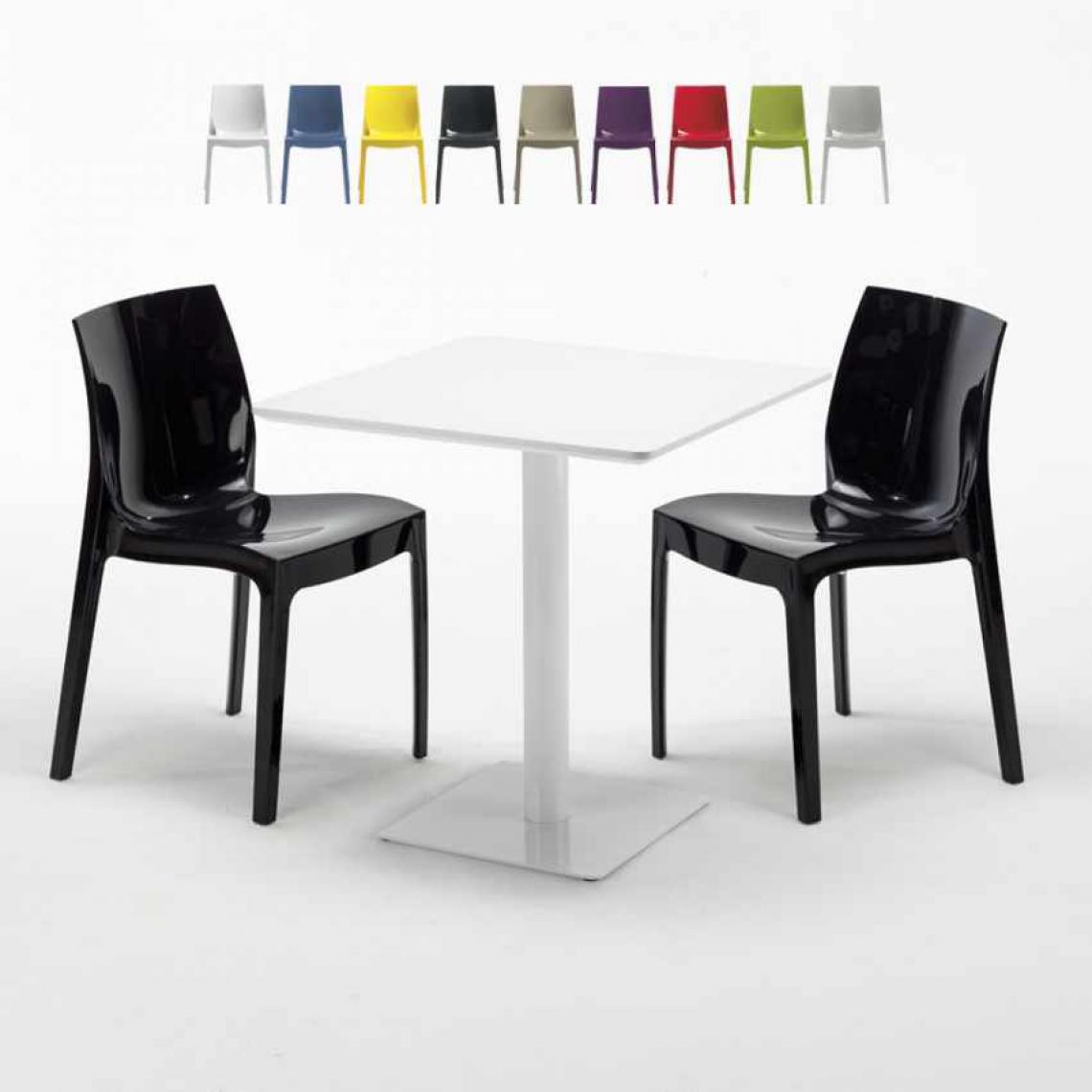Grand Soleil - Table carrée 70x70 blanche avec 2 chaises colorées Ice Meringue, Couleur: Noir - Tables à manger
